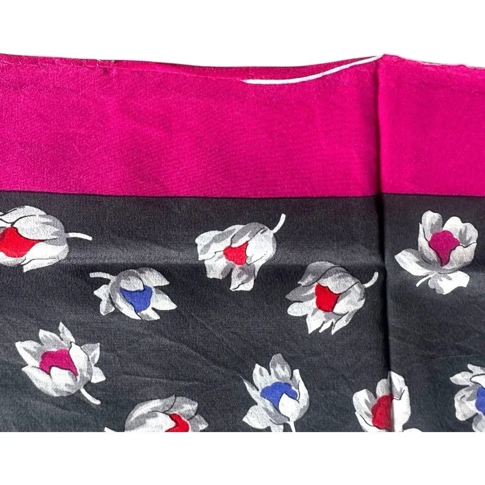 GIVENCHY 100% Silk Gorgeous Black Floral and Hot Pink Border 29” Scarf